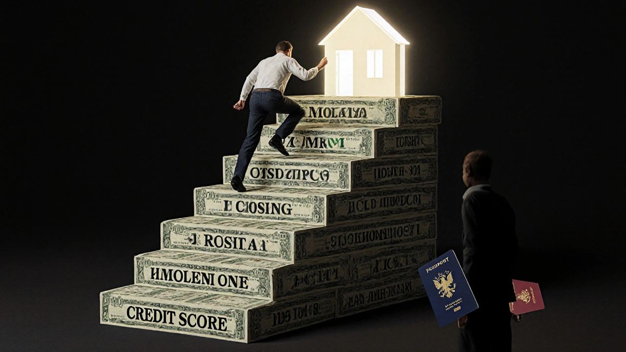 Человек поднимается по лестнице из финансовых барьеров к дому в США.