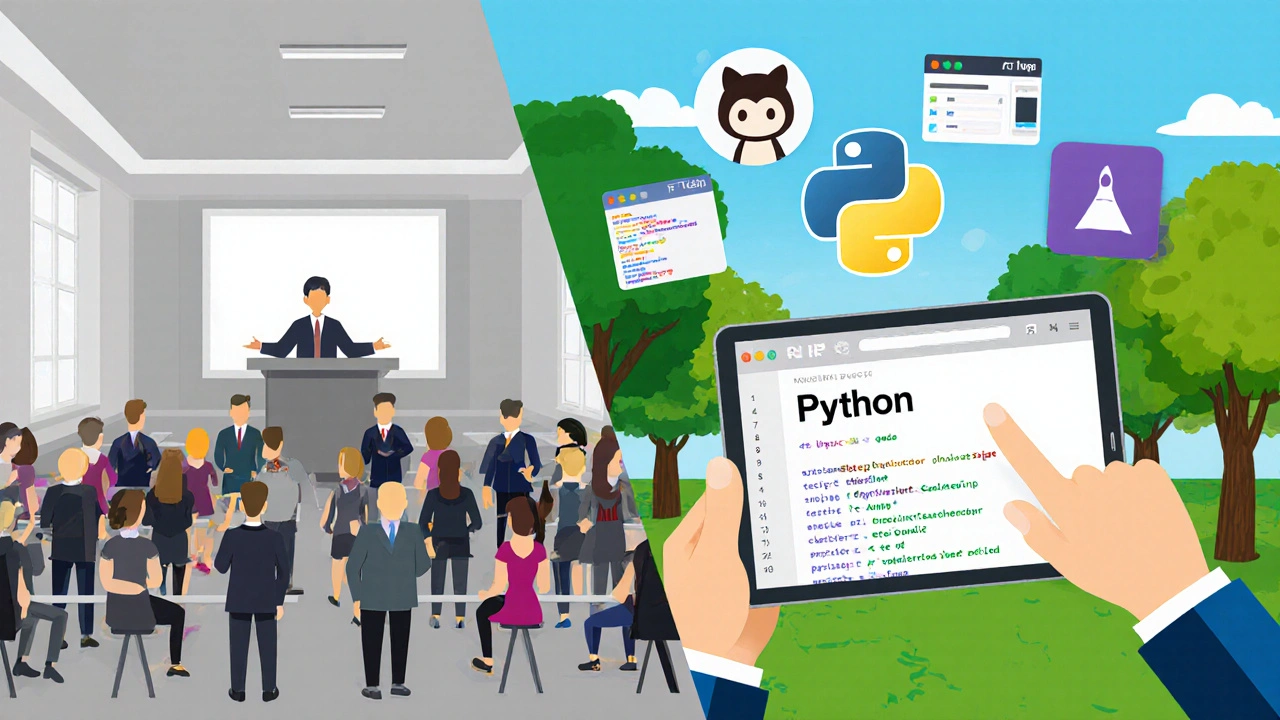 Два пути в ИТ: университетская лекция слева и самостоятельное обучение в парке справа.