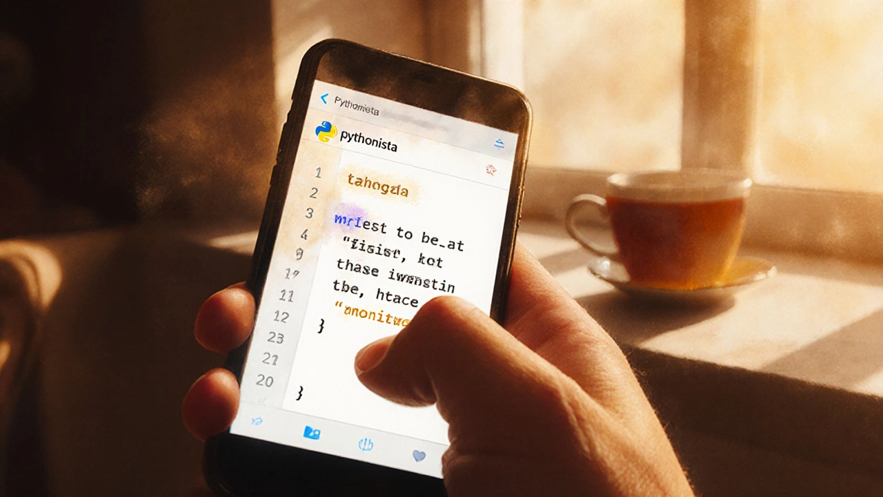 На экране iPhone отображается скрипт, генерирующий цитаты дня, в уютной обстановке.