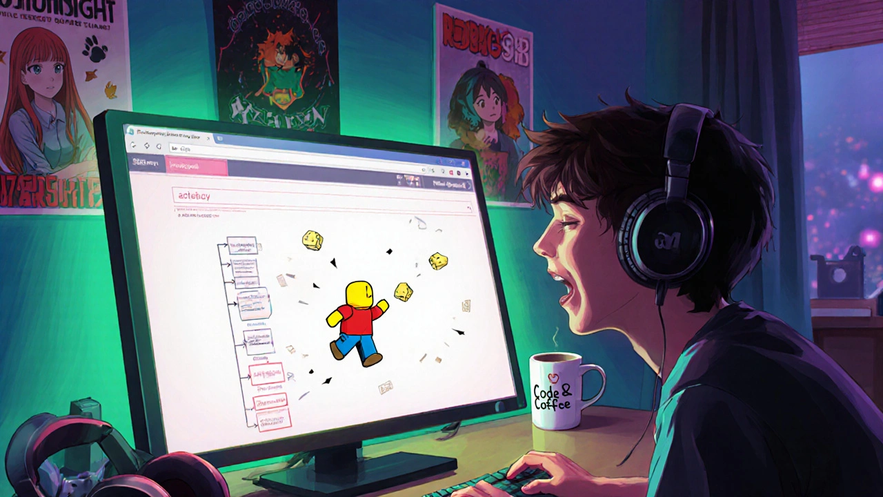 Подросток играет в свою игру на JavaScript, управляя персонажем стрелками на клавиатуре.