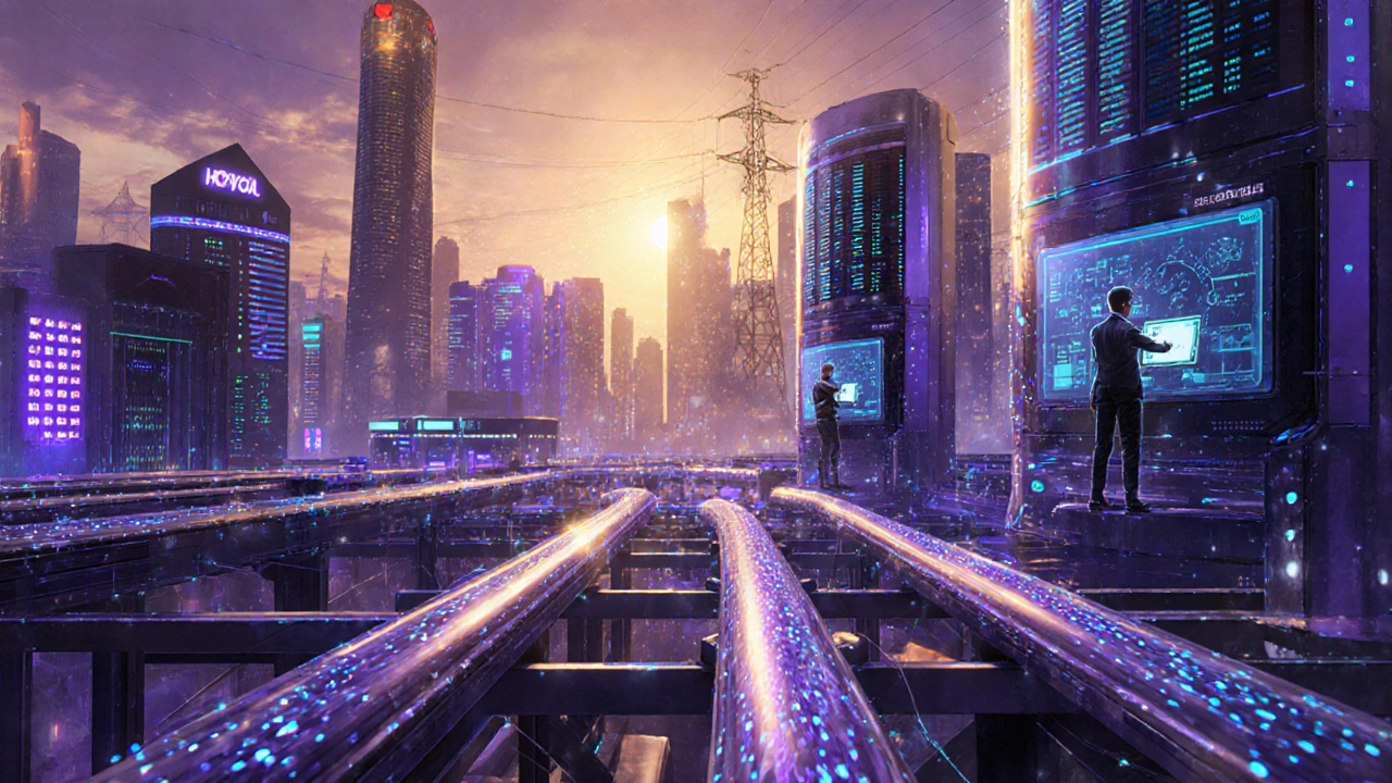 Поток данных течет через городские серверы, управляемые инженерами ИИ и аналитики.