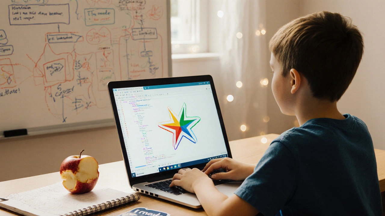 Ребёнок пишет код на Python, и на экране рисуется звезда с помощью библиотеки Turtle.