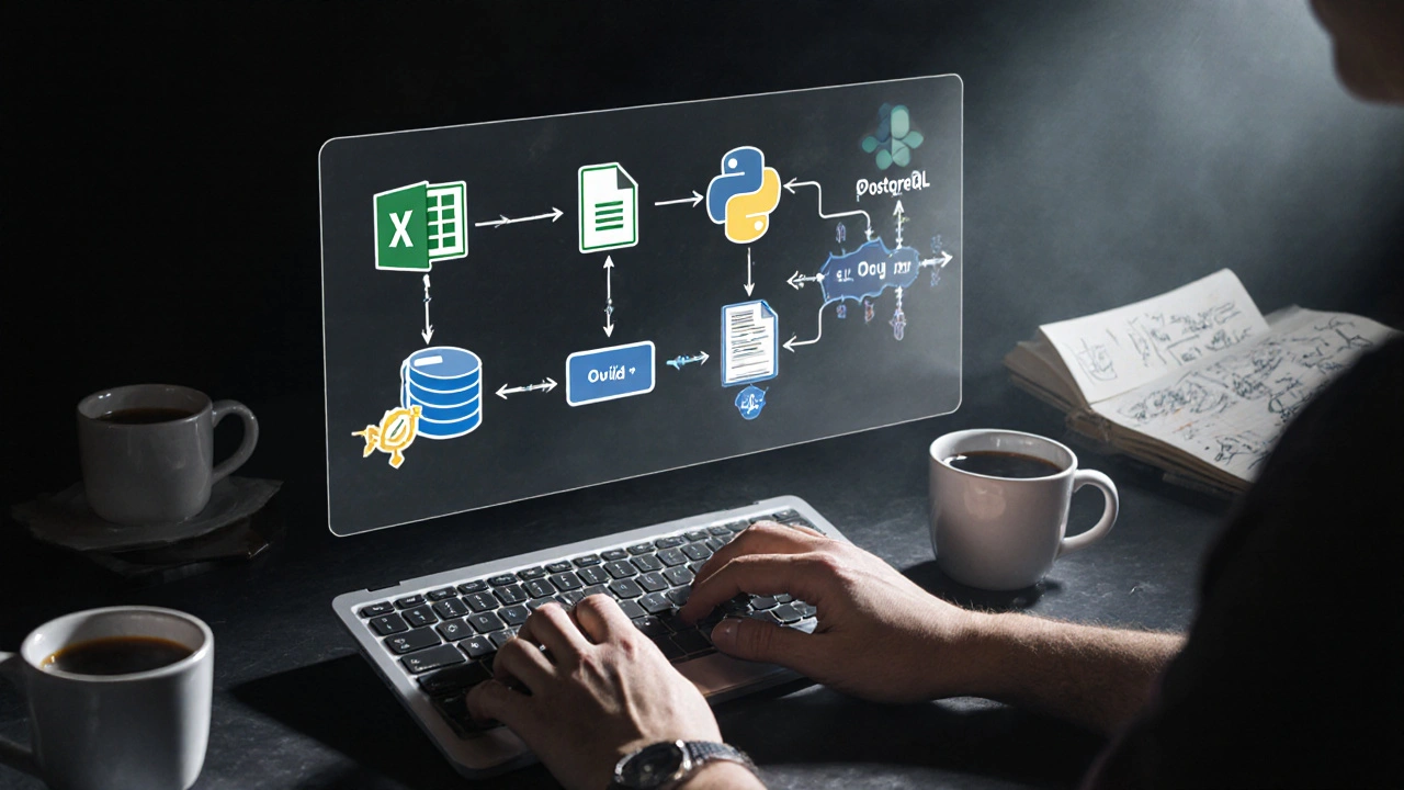 Руки печатают код, а над ними визуализирована автоматизация данных из Excel в базу.