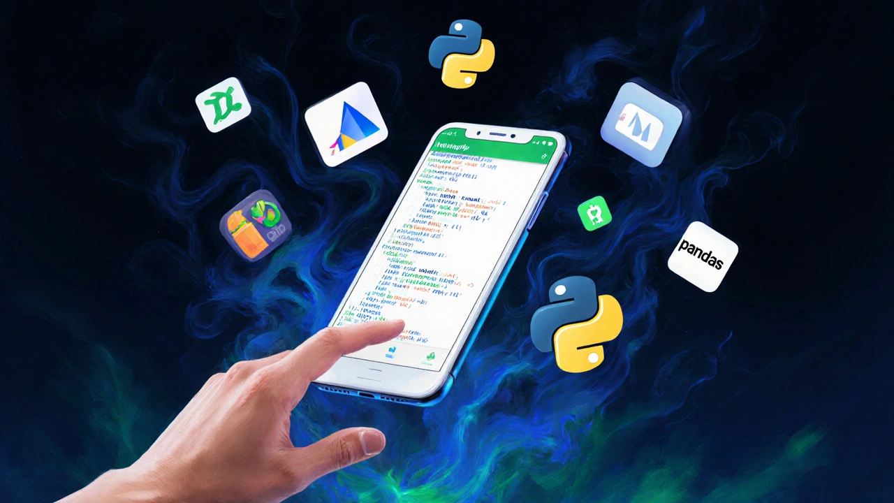 Смартфон с кодом Python и библиотеками парит в воздухе, символизируя офлайн-программирование.