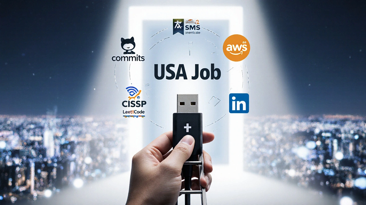USB-накопитель превращается в лестницу к двери с надписью &#039;USA Job&#039;, символизируя карьерный рост.