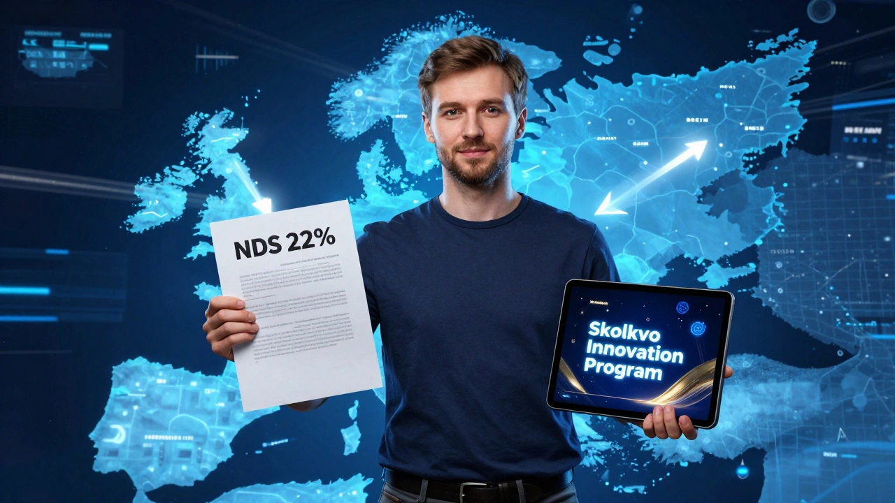 Фрилансер с картой России и Европы, держащий контракт с НДС 22% и значком Сколково