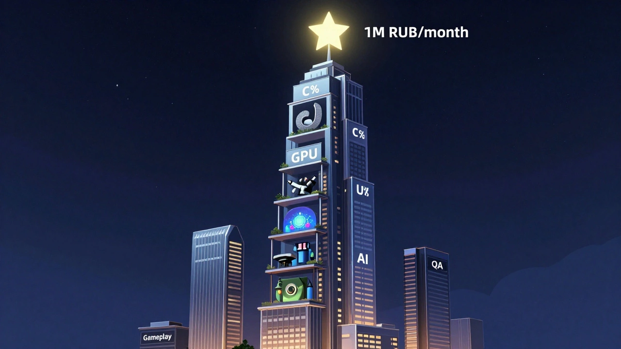 Гигантский движок игры в виде небоскрёба, над которым светится звезда с надписью '1 млн руб/мес', остальные роли — маленькие здания внизу.