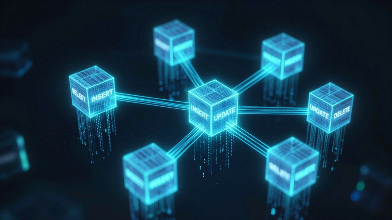 Абстрактная сеть из светящихся кубов с ключевыми командами SQL, соединённых потоками данных