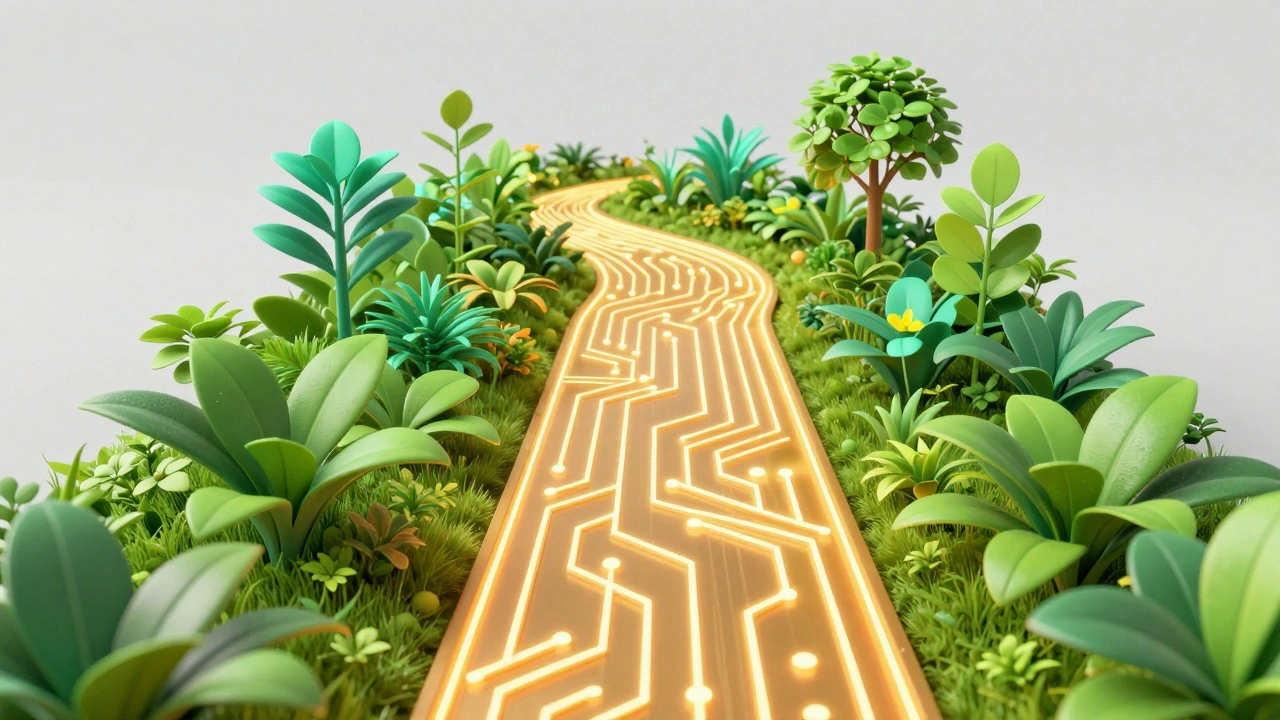 Абстрактная схема роста, где техника переплетается с природой, метафора обучения и развития.