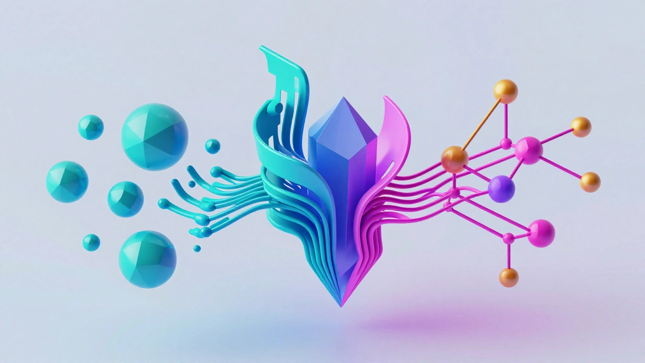 Абстрактные фигуры, представляющие метрики, логи и трассировки.