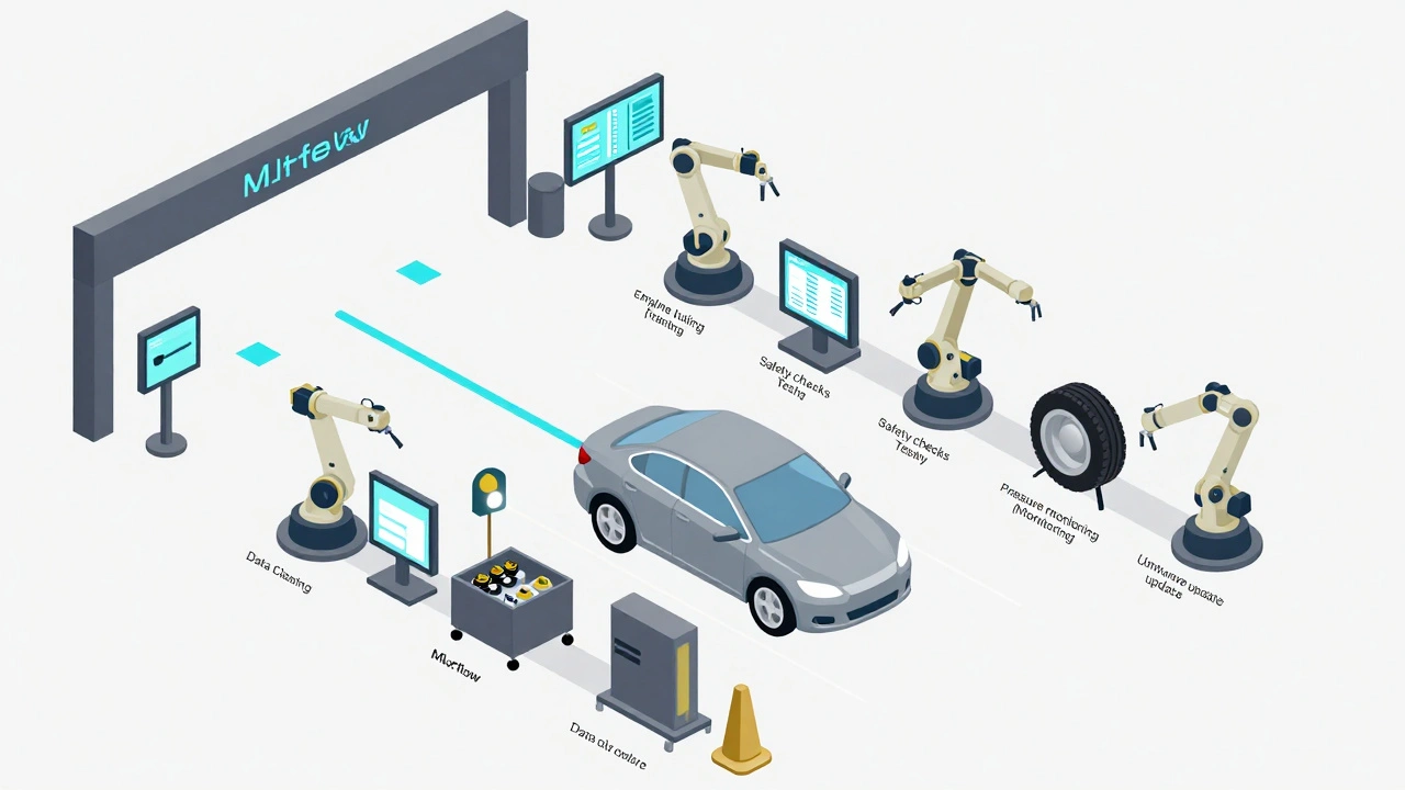 Автоматизированный сервис для ML-модели, как автомобиль на конвейере с этапами обслуживания и обновления.