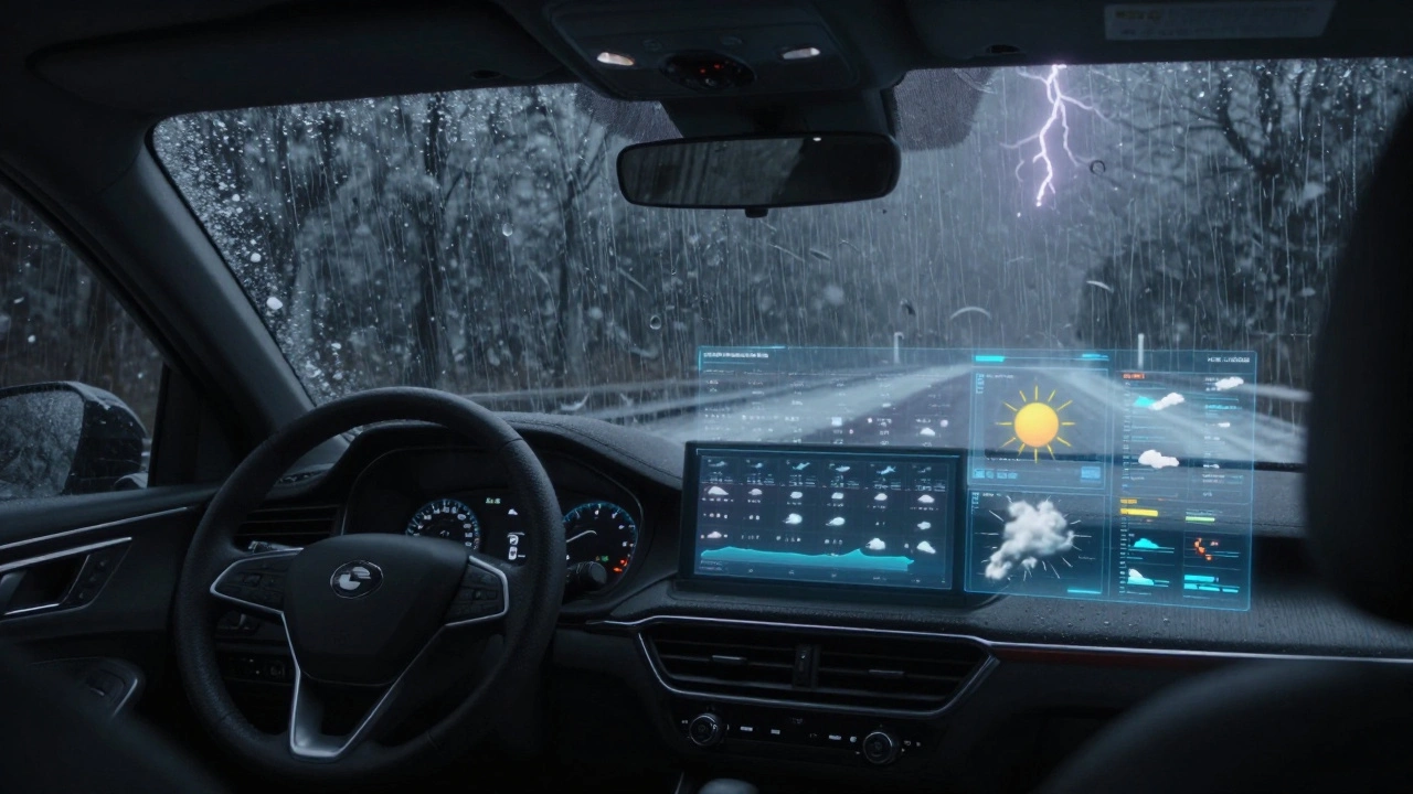 Автономный автомобиль движется в симулированной метели, с экраном, отображающим миллионы сценариев погоды.