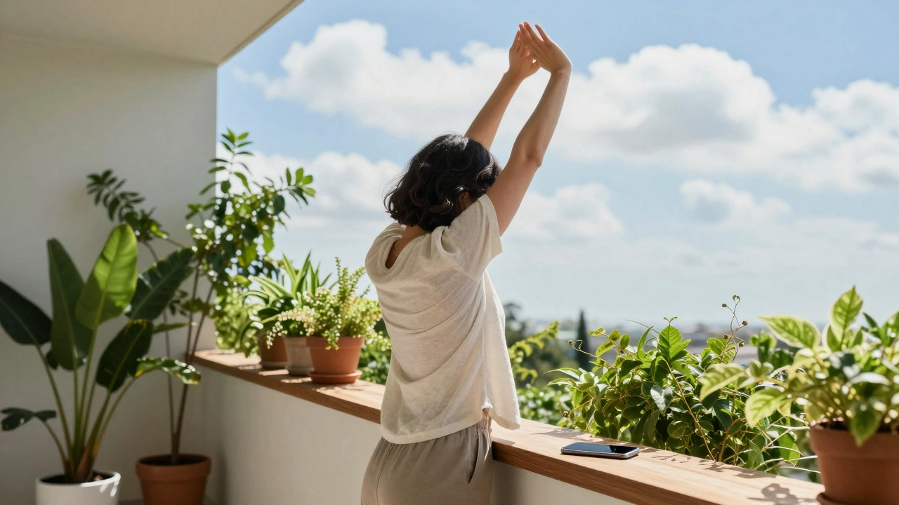 Человек отдыхает на балконе на солнце без телефона для релаксации.