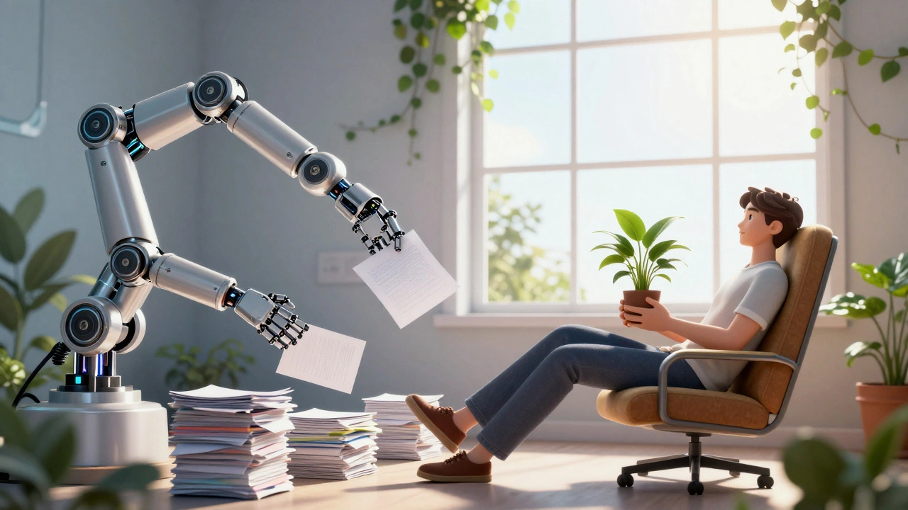 Человек отдыхает, пока роботы выполняют рутинные задачи.