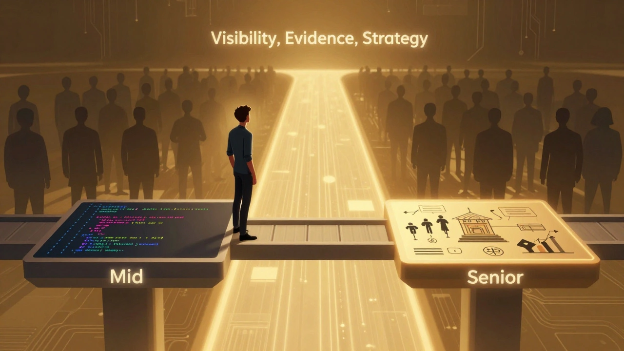 Человек переходит с уровня 'Mid' на 'Senior' по цифровому мосту с визуальными метками навыков.