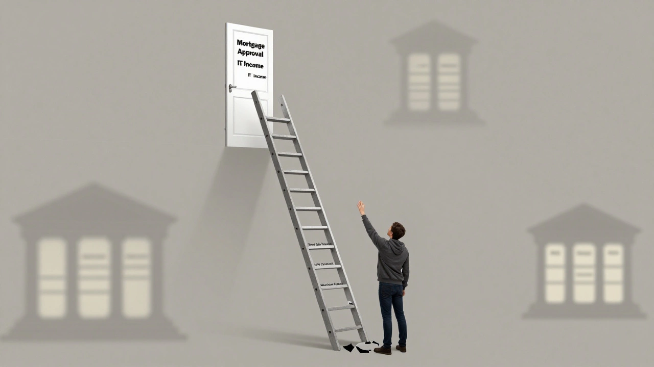 Человек пытается подняться по лестнице с разрушенными ступенями, помеченными причинами отказа в ипотеке, дверь вверху — 'одобрение'.