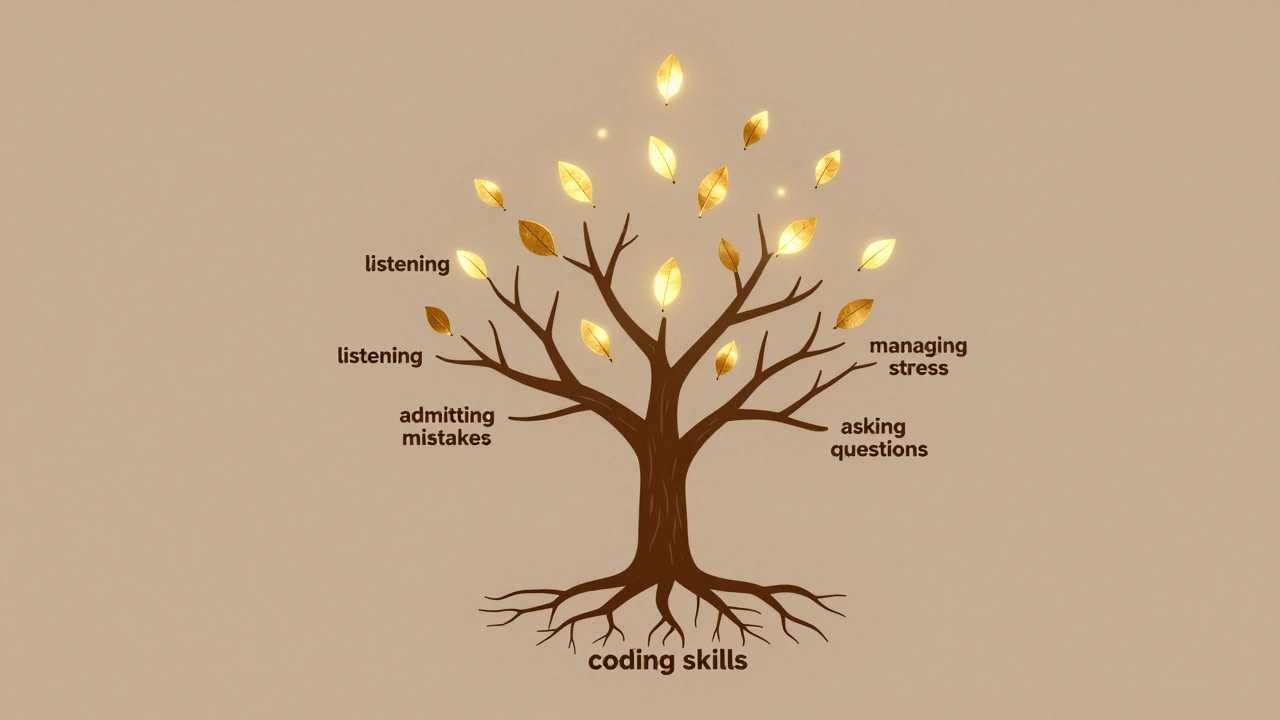 Дерево с корнями 'кодинг' и ветвями 'умение слушать', 'признавать ошибки', 'управление стрессом' — золотые листья символизируют рост мягких навыков.