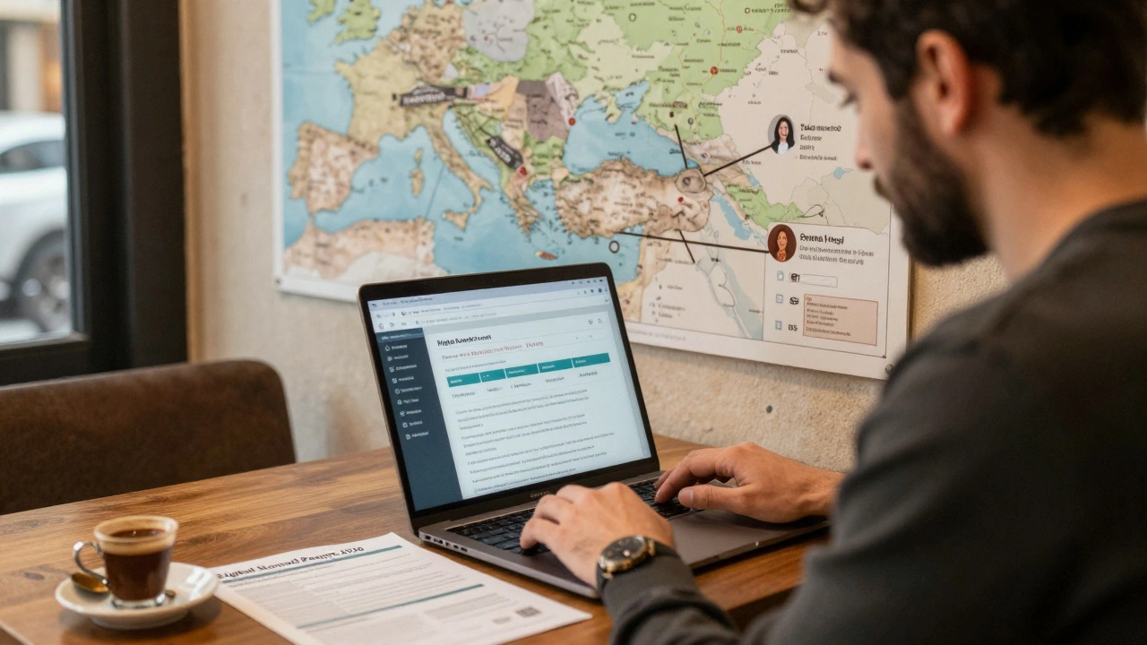 Digital nomad in Istanbul with laptop and Turkish visa application, surrounded by café and global connection icons.