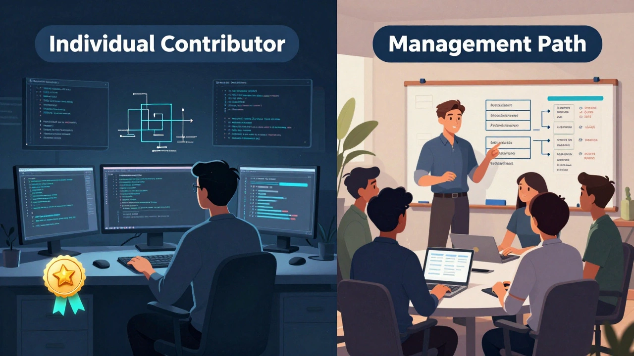 Два пути в IT: технический эксперт и руководитель команды, работающие в разных средах.