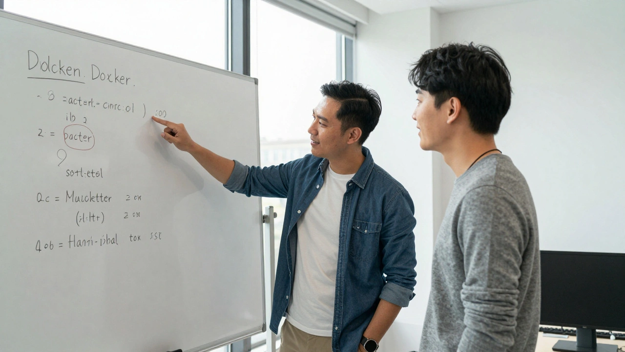 Два разработчика обсуждают архитектуру на доске на маленьком мастер-классе по Docker — тихое, искреннее профессиональное взаимодействие.