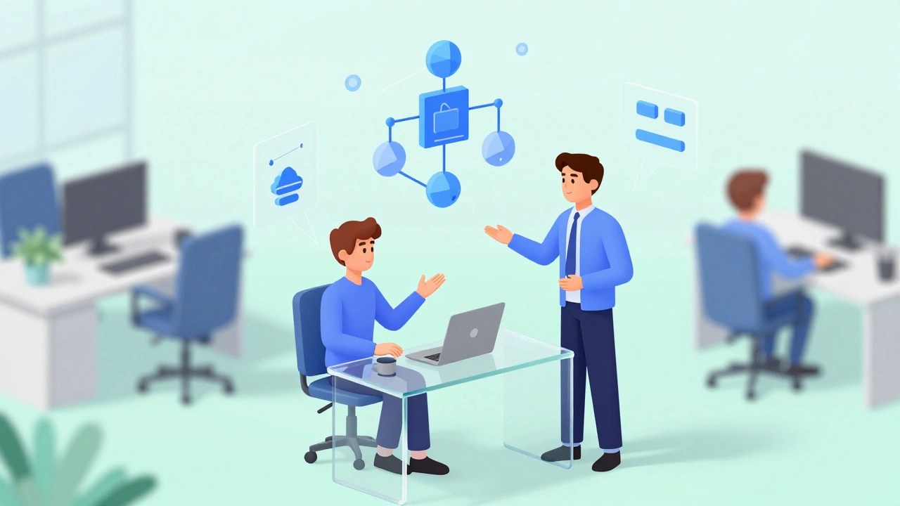 Два специалиста обсуждают проект в офисе с абстрактной графикой.