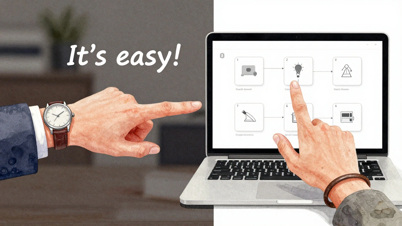 Две руки подходят к ноутбуку: одна указывает на слова 'это легко', другая — на чёткую пошаговую инструкцию с иконками.