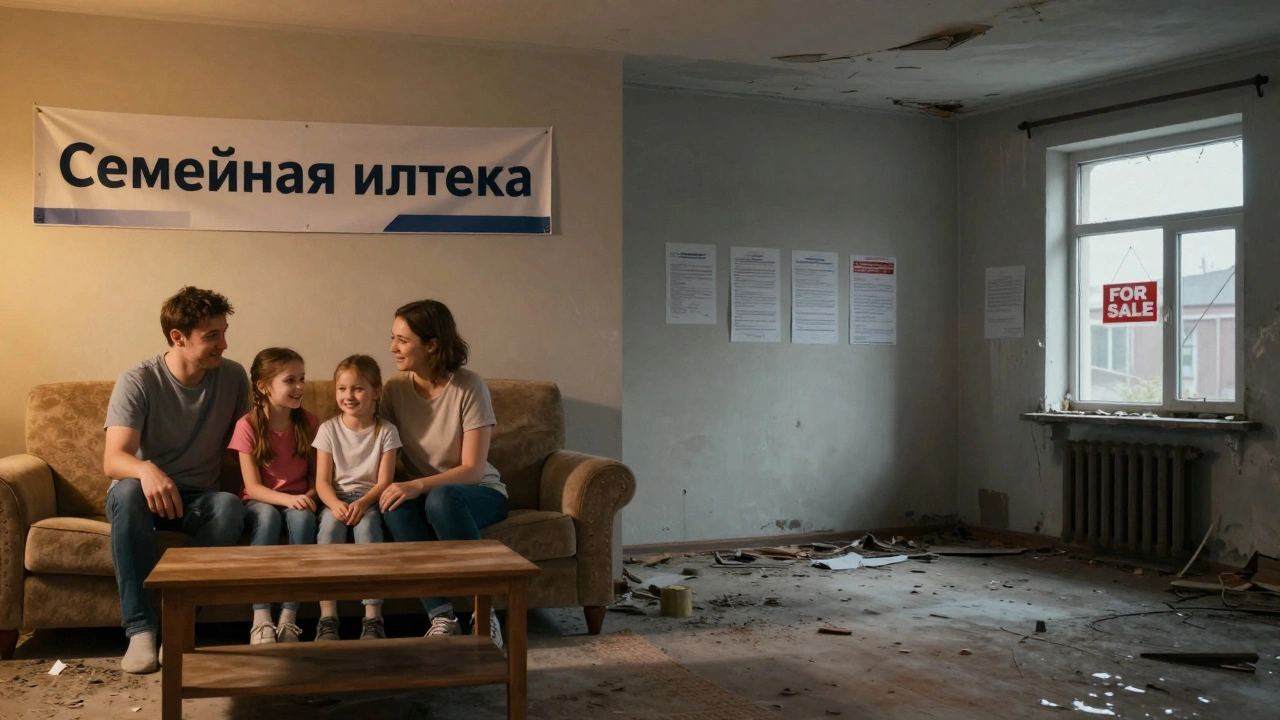 Две стороны одной комнаты: счастливая семья слева, пустая и заброшенная — справа, с объявлениями о продаже.