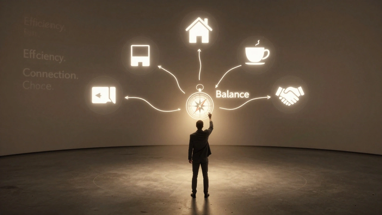 Фигура в центре офиса, окруженная символами разных режимов работы, с компасом, указывающим на баланс.