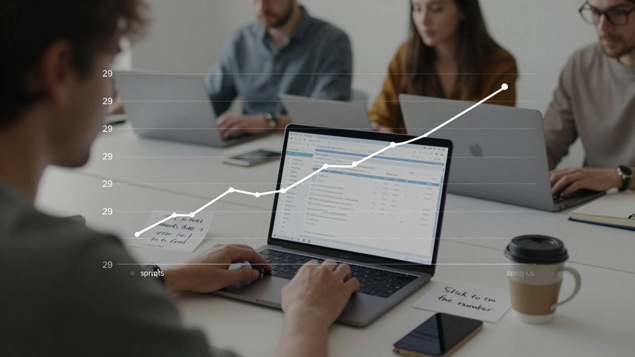 График скорости команды, показывающий стабильный рост от 22 до 29 пунктов за пять спринтов, на фоне спокойной рабочей обстановки.