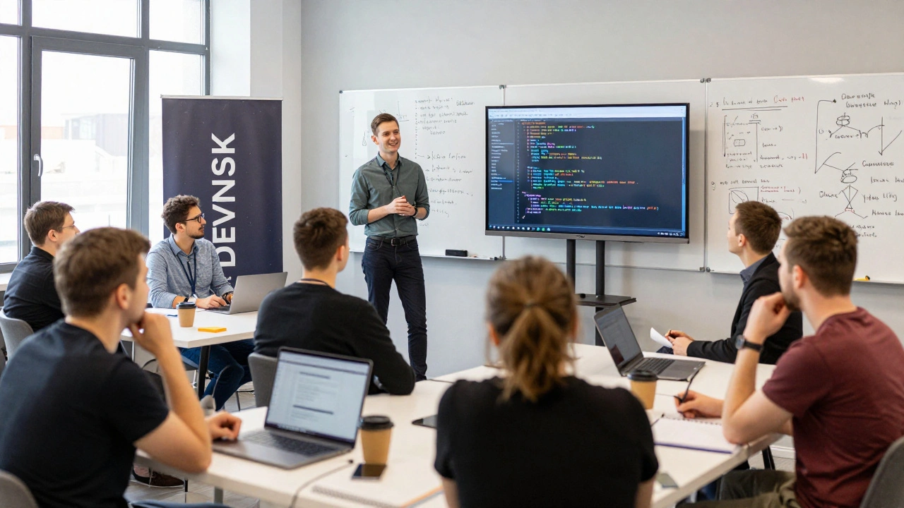 Группа разработчиков на живом митапе в Новосибирске, внимательно слушают докладчика, за столами — ноутбуки и кофе.