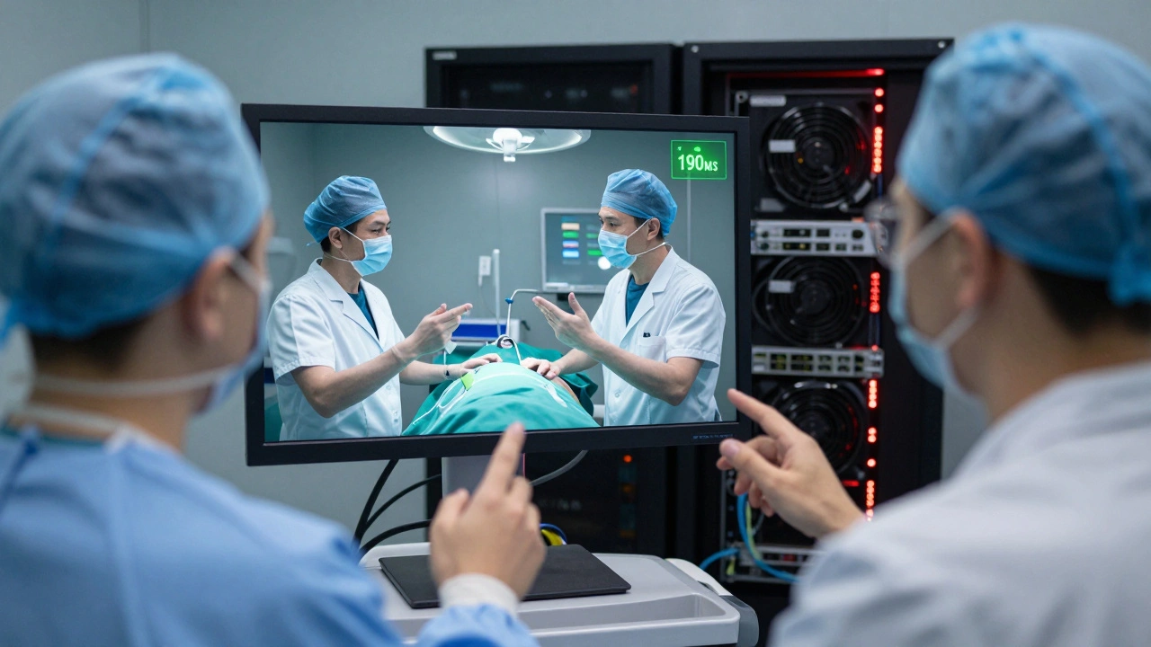 Хирург в Красноярске наблюдает за операцией в Новосибирске через живой стрим с задержкой 190 мс на голографическом дисплее.