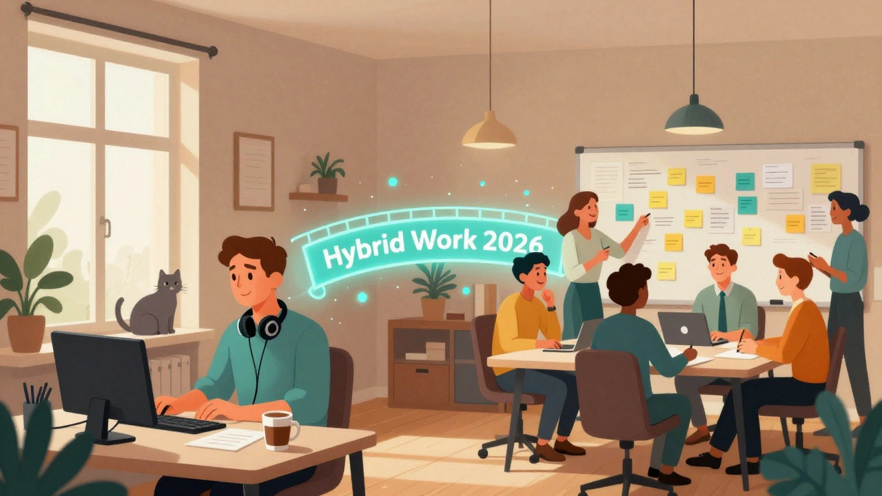 Иллюстрация гибридной работы: домашний и офисный рабочие места соединены светящимся мостом, символизирующим баланс.