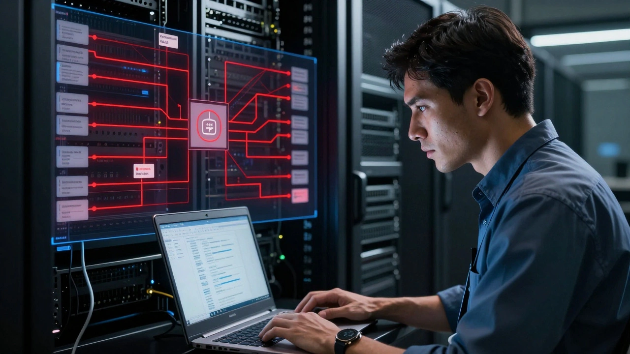 Инженер проводит тестирование на проникновение в серверной, блокируя атаки на сетевых экранах.