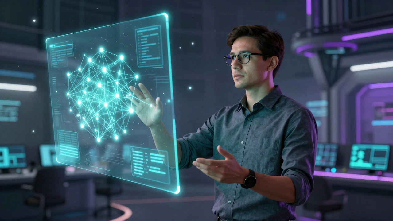 Инженер взаимодействует с голографической картой микросервисов.