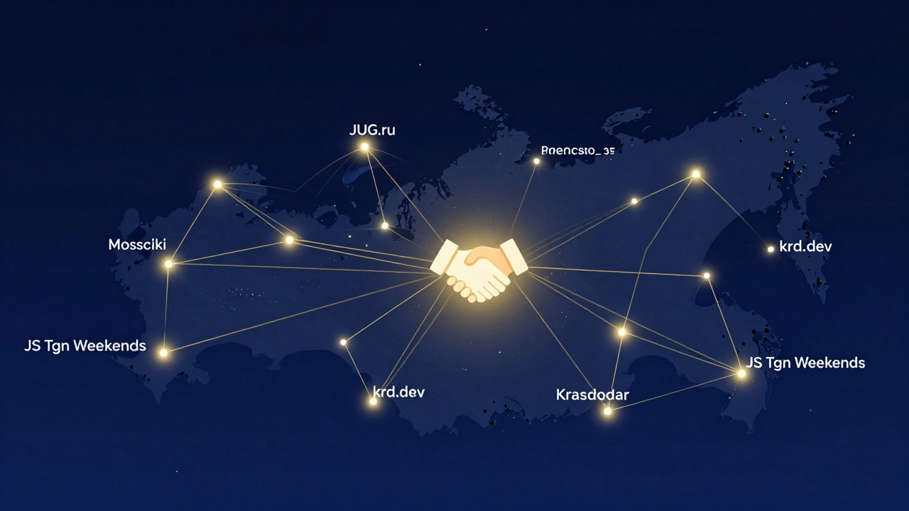 Карта России с светящимися связями между IT-сообществами в разных городах, символизирующая единую сеть поддержки.