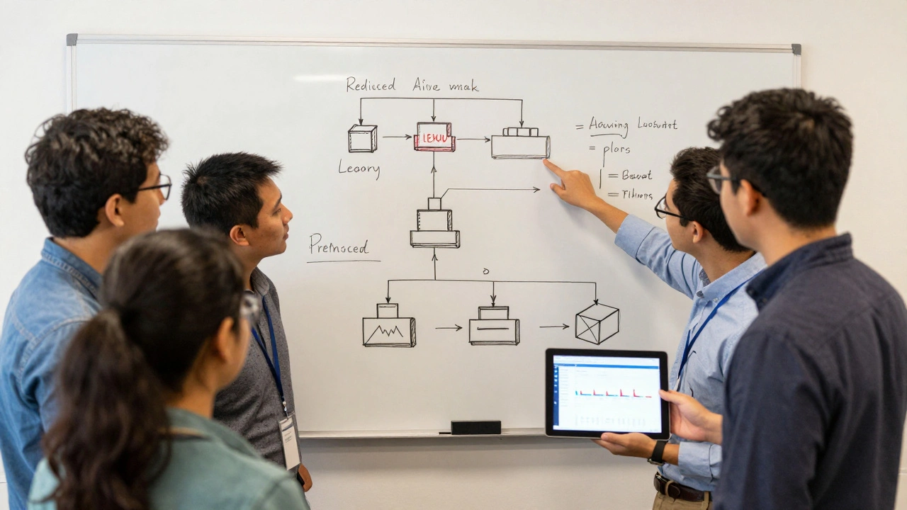 Команда разработчиков обсуждает эволюцию системы на доске, анализируя данные и пути улучшения.