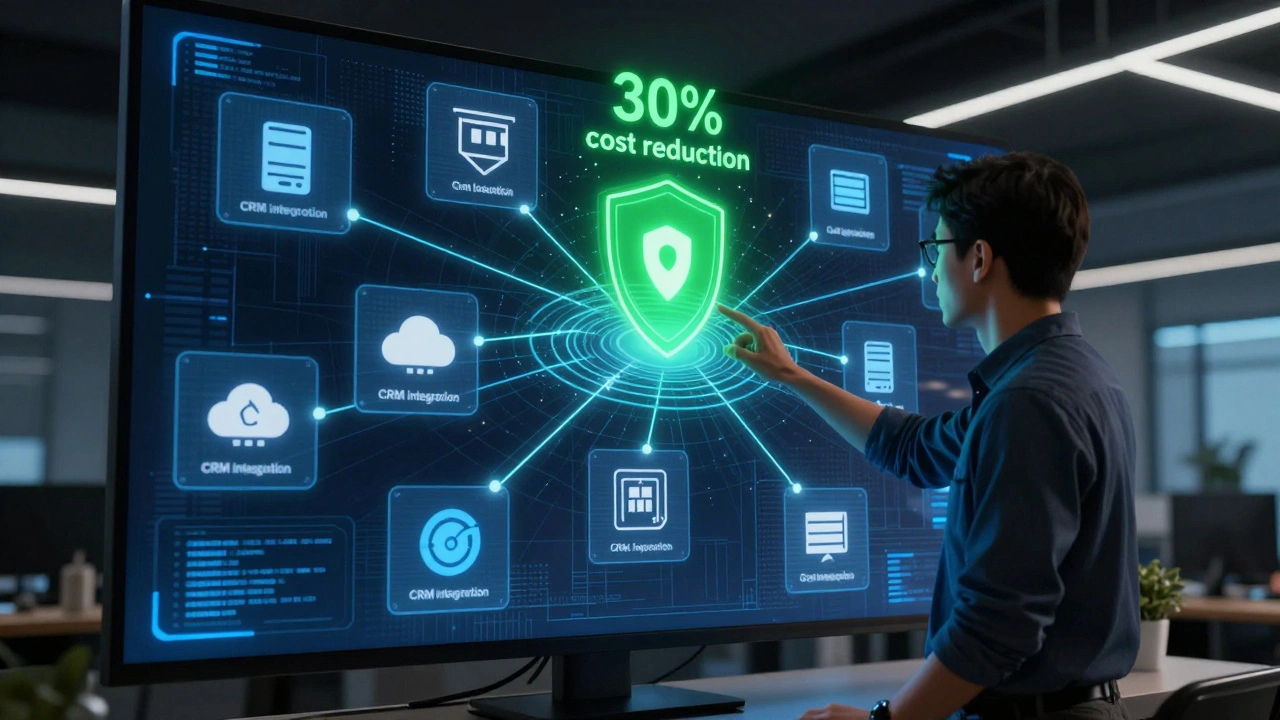 Консультант анализирует облачную инфраструктуру на экране с иконками серверов и защитных щитов.