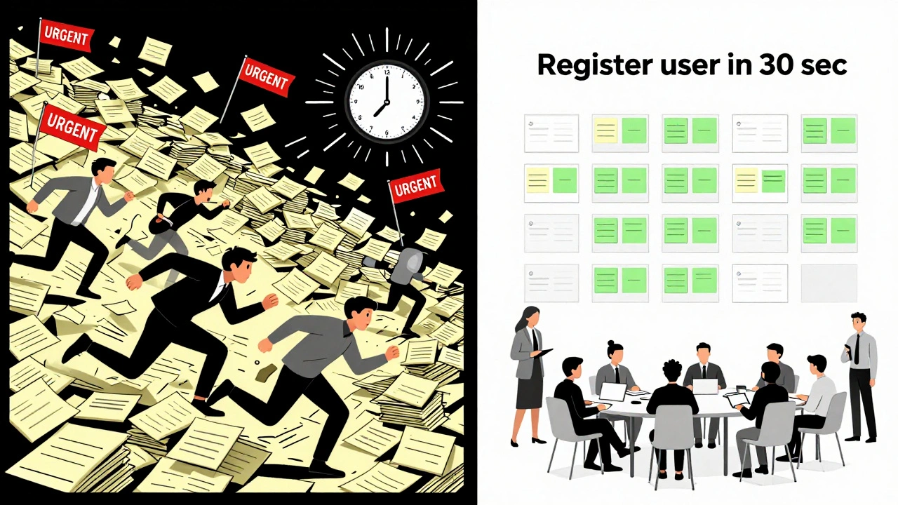 Контраст: хаотичный спринт слева с перегрузкой и паникой, упорядоченный спринт справа с ясными целями и защитой команды.