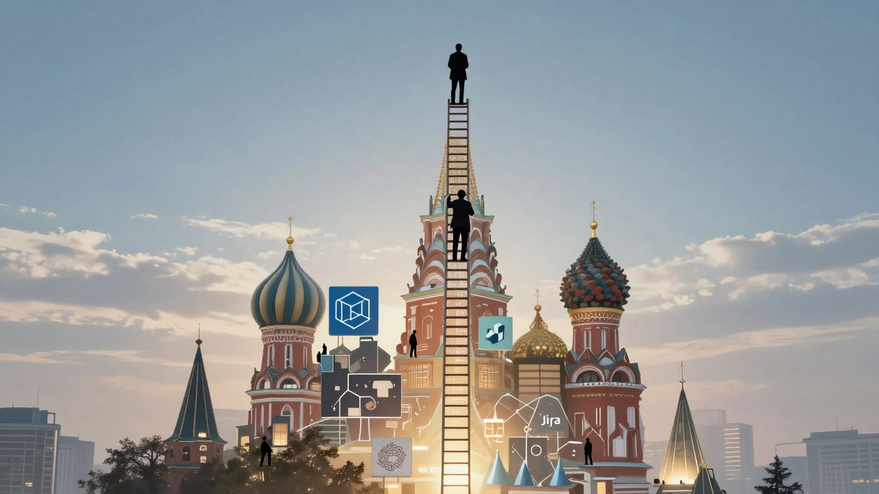 Лестница карьеры в IT от стажера до директора, построенная из технологических символов.