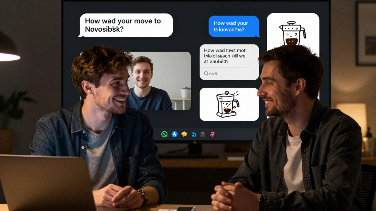 Лидер и новый сотрудник разговаривают на видеозвонке, в воздухе — фрагменты тёплых разговоров.