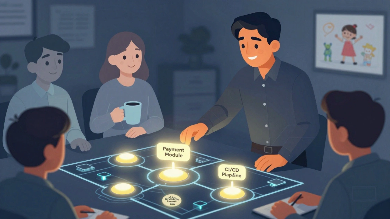 Лидер показывает новичку виртуальную карту системы команды, вокруг — аватары коллег.