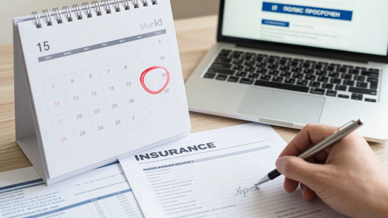 На столе календарь с отмеченной датой, на экране ноутбука предупреждение о просроченной страховке.