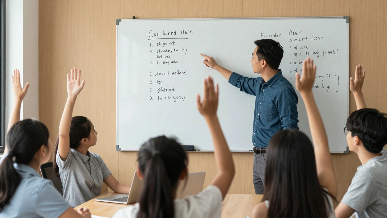 Наставник объясняет код студентам в уютном кабинете, все смотрят с интересом и надеждой.