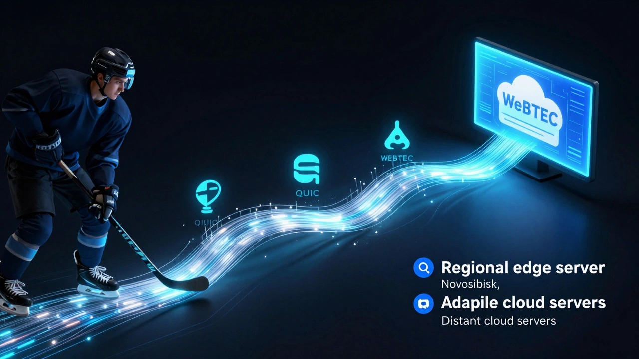 Поток данных от игрока к зрителю через edge-узел, обходя центральные облака, с технологическими иконками вдоль пути.