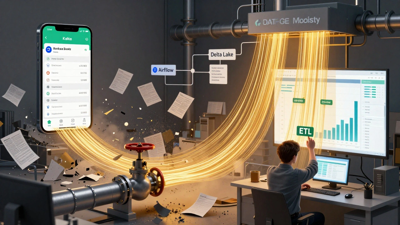 Поток данных от мобильного приложения к аналитике через современные инструменты, в то время как старые методы разрушаются.