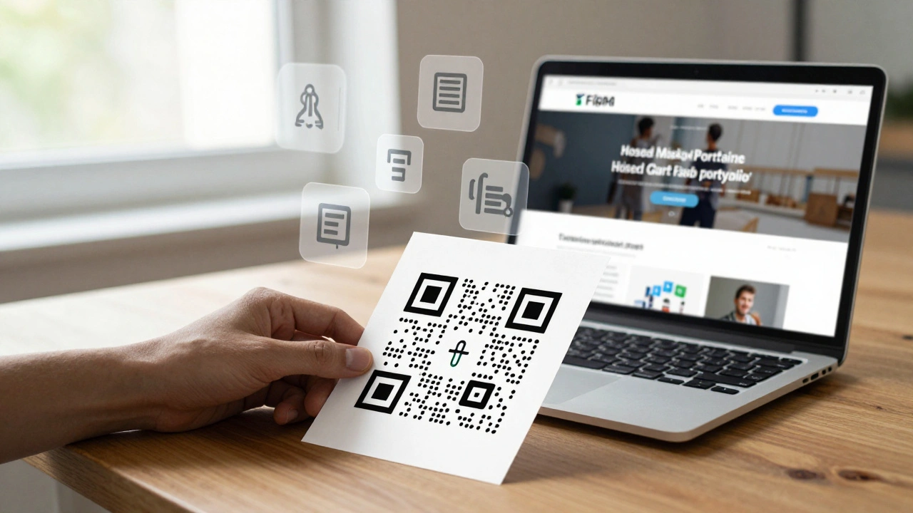 QR-код на столе рядом с ноутбуком, отображающим персональное портфолио разработчика на GitHub Pages.
