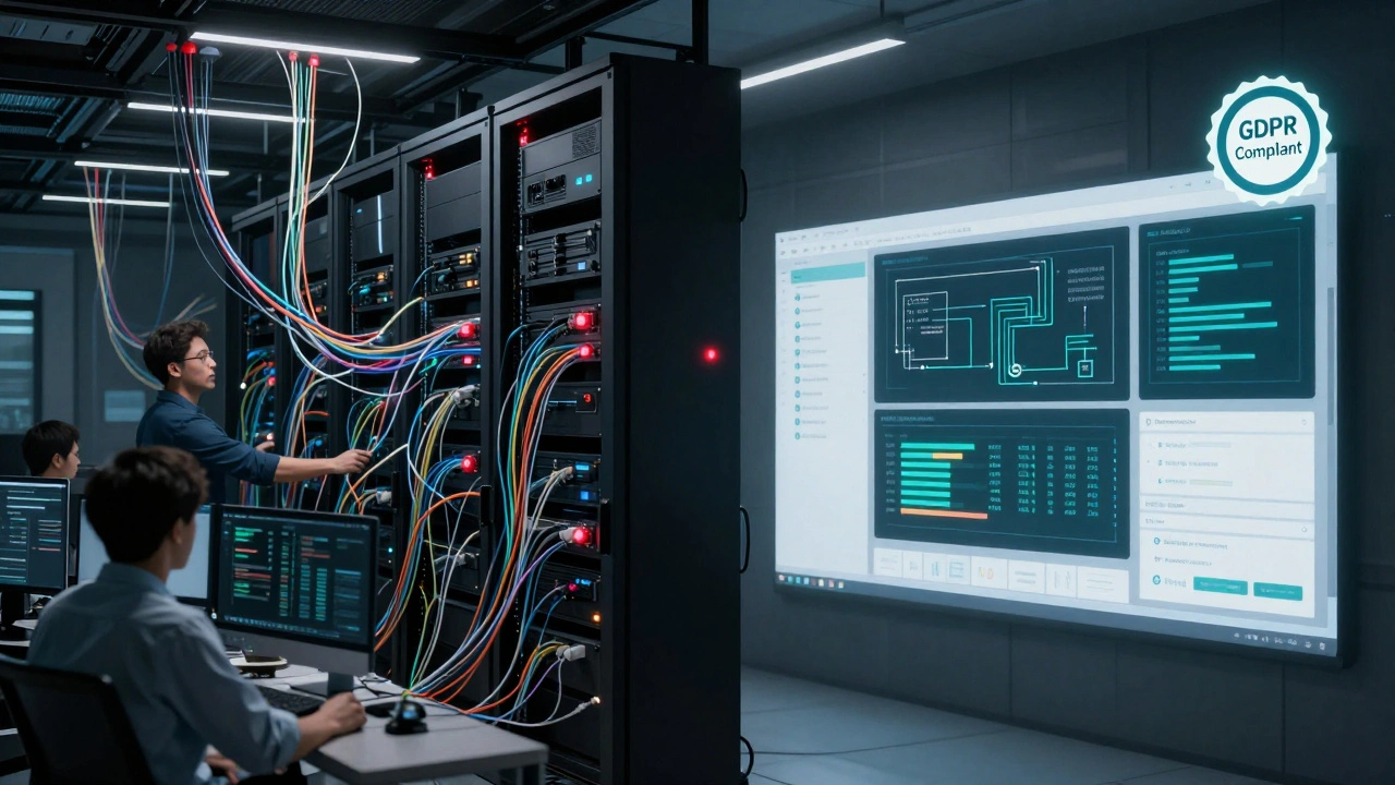 Разделённая сцена: хаотичная утечка данных слева и упорядоченная, безопасная система справа.