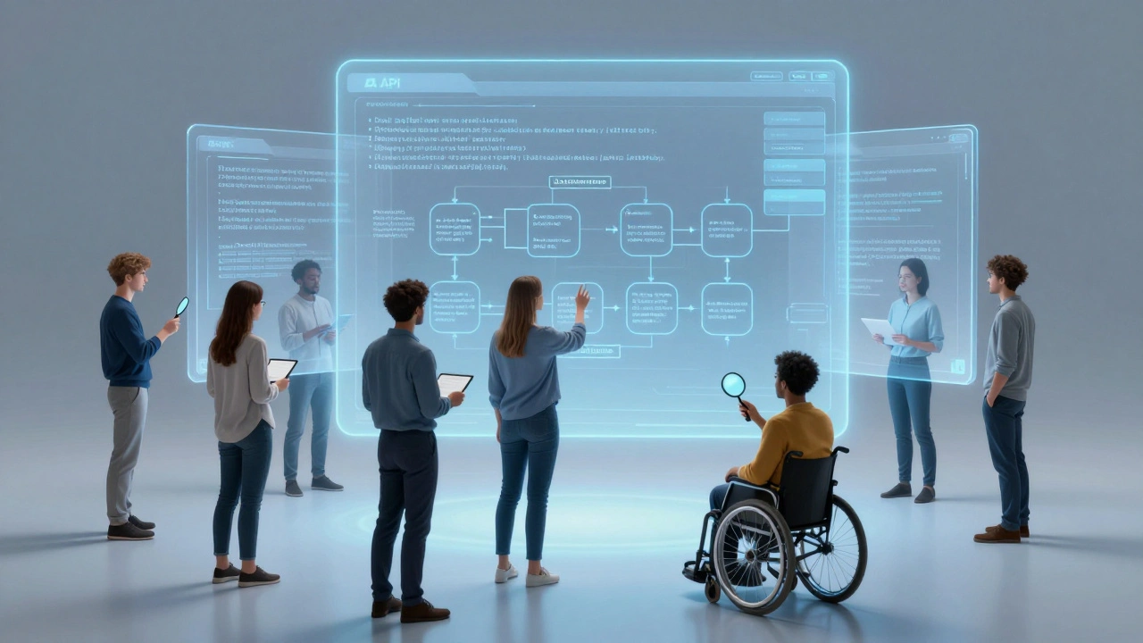 Разнообразная группа людей взаимодействует с голограммой технической документации, где каждый шаг объяснён ясно и без осуждения.