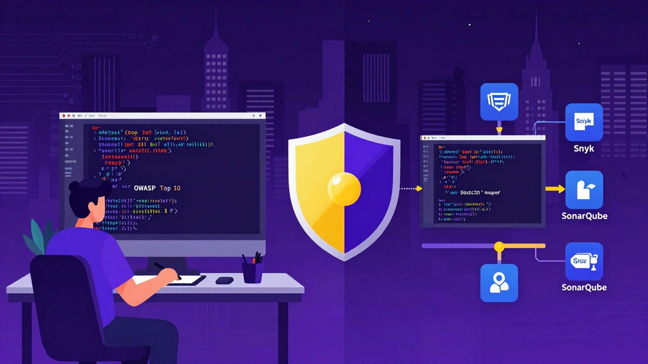 Разработчик и DevSecOps-процесс: уязвимый код слева, безопасный пайплайн справа — безопасность встроена в разработку.