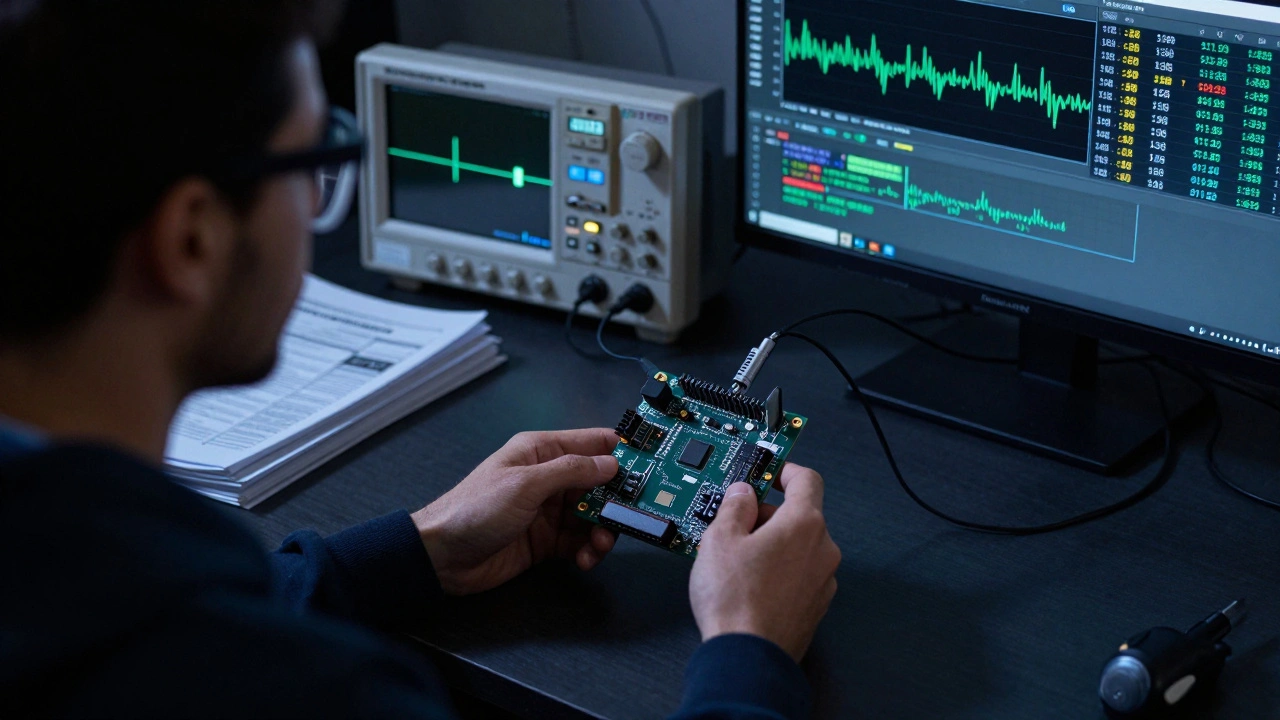 Разработчик налаживает STM32 плату с программатором и осциллографом на фоне datasheet.